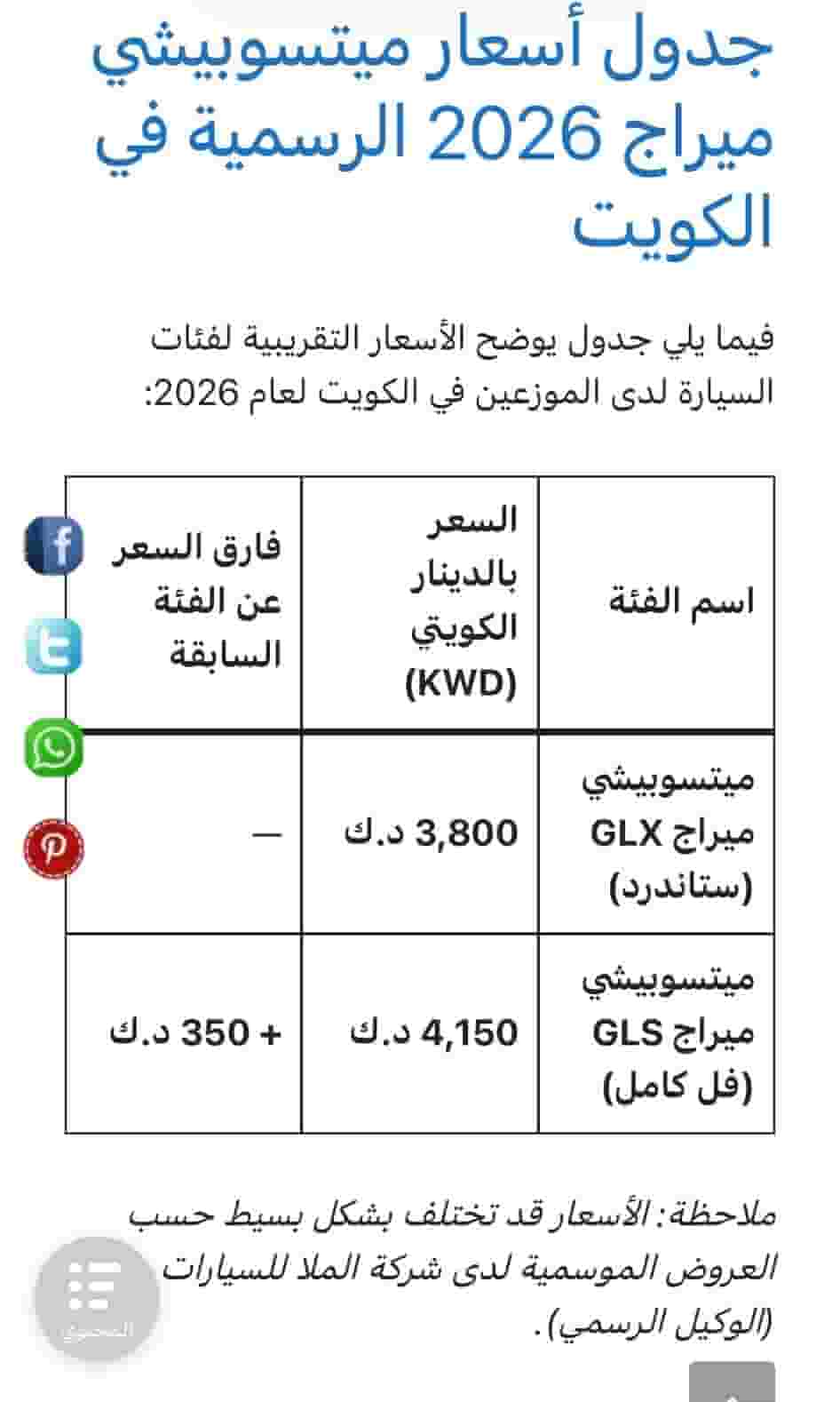 ميتسوبيشي ميراج موديل 2026